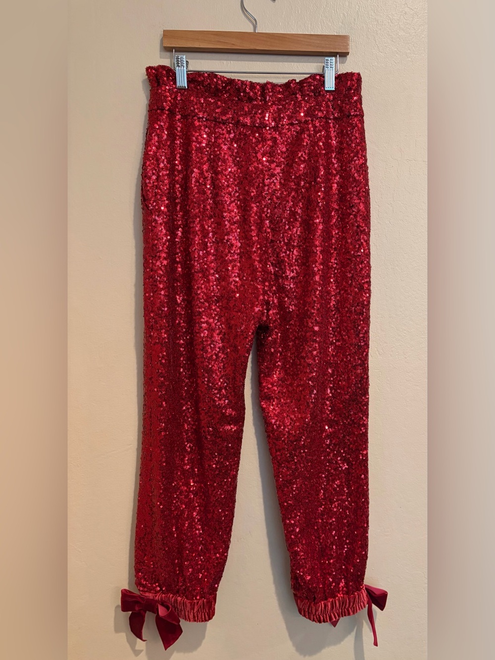 Jingle All The Way Red Sequin Party Track Pants, w/ Velvet Bows and High Waist - Picture 4 of 9
